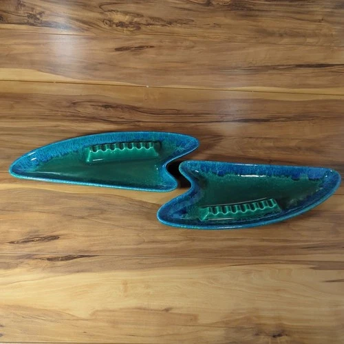 Royal Haeger SP 12 Boomerang Ashtray Set Blue Green 13.5" Mid Century
