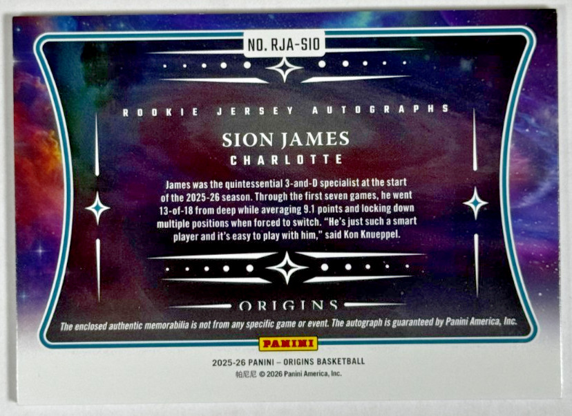 Sion James Rookie Patch Auto 5/5 2025-26 Panini Origins Basketball Charlotte RC view 2