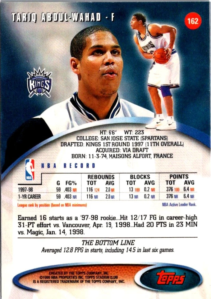 1998-99 Stadium Club #162 Tariq Abdul-Wahad - Image 2 of 2