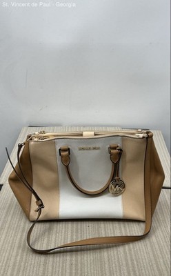 Michael Kors Sutton Center Stripe Beige White Tan Medium Satchel Color Block VGC