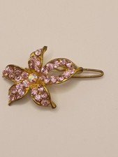 Vintage Pink Rhinestone Flower Hair Clip Hair Accessory Gold Tone READ