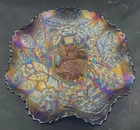 VINTAGE CARNIVAL COBALT BLUE PEACOCK AT THE URN RUFFLED BOWL “BEARDED BERRY EXT”