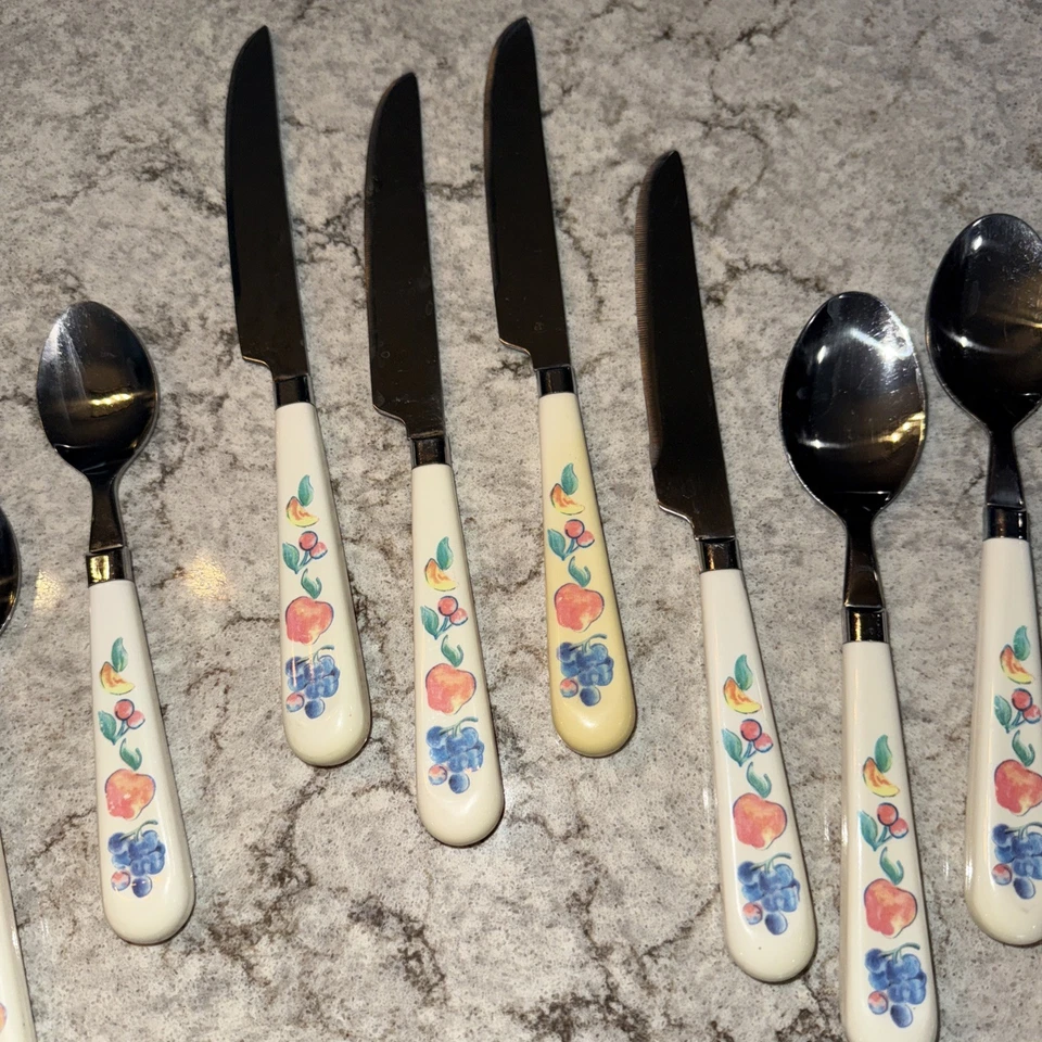 Vintage Lot 12 Pieces Stainless Flatware White Plastic Handle Fruit Design MCM - Image 3 of 4