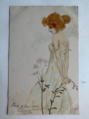 AK Postkarte Illustrator Raphaël Kirchner Jugendstil Mode Frau Blumen 4