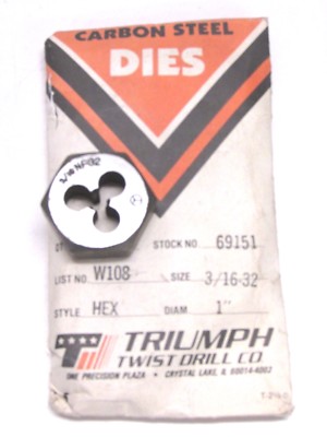 NOS! TRIUMPH TWIST DRILL 3/16''-32 NF HEXAGON THREADING DIE, 1'' Dia, 69151