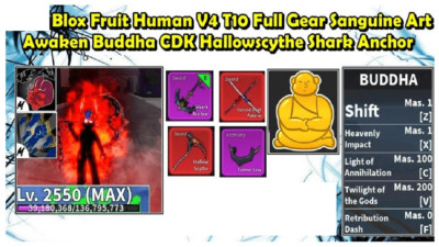 Blox Fruit Race Human V4 T10 Full Gear Level Max Sanguine Art CDK Hallowscythe