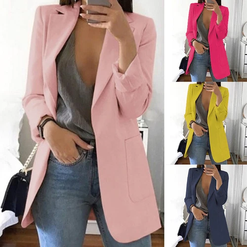 Womens Cardigan Blazer Suit Slim Ladies Coat Formal Jacket Slim Solid Color New - Picture 1 of 30