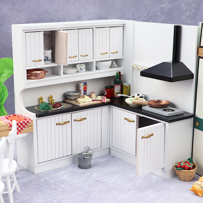 1/12 ミニチュア カップボード&チェア Dollhouse Miniature Wood Kitchen Furniture set Sink Stove Cabinet