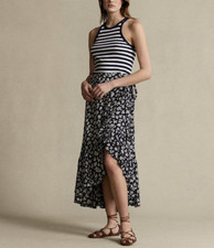Polo Ralph Lauren Navy Blue Floral Crepe Wrap Midi Skirt Sz 12