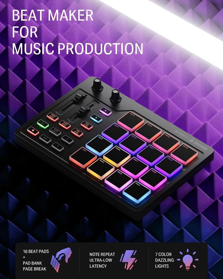 Donner MIDI Pad Controller USB-C avec 16 Pads, 2 Faders et Knobs Assignables - Photo 3/4