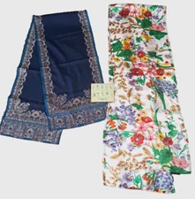 Vintage Womens Rectangle Scarf Set Of 2 W How To Card Floral Blue Paisley Cejon