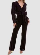 595 Badgley Mischka Women's Purple Velour Crinkled Belted Waist Jumpsuit Size 8
