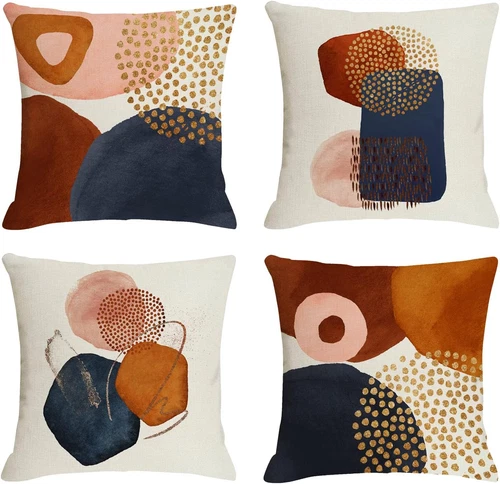Burnt Orange Abstract Throw Pillow Covers 18X18 Set of 4 Mid Century Modern Pill - Picture 1 of 12