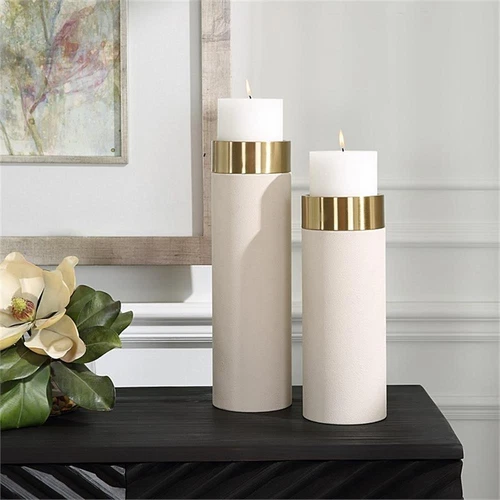 Uttermost Wessex Faux Leather/Metal Candleholder in White/Brass (Set of 2) - Picture 4 of 4