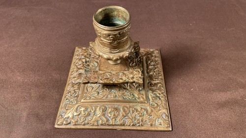 Antique 1800s Brass / Bronze Candle Holder Square Base Desk - Picture 2 of 12