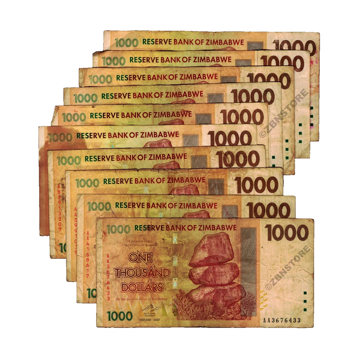 Circulated Z$ 1,000 Denomination Zimbabwean Paper Money for sale