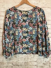 LOFT Boxy Top Womens Large Colorful Ditsy Floral Balloon Sleeve Lightweight