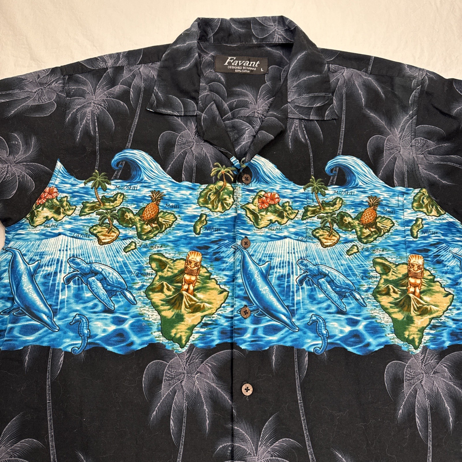 Favant Mens Hawaiian Shirt L Cotton Aloha Button Front Beer Bottles Palm Tree