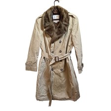 Vintage London Fog Mens Tan Trench Coat Faux Fur Collar Plaid Lining 40 Reg FLAW
