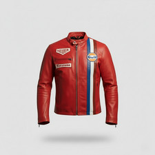 Gulf Red Biker Jacket Heuer Steve McQueen Racing Style Stripes Cordura Jacket