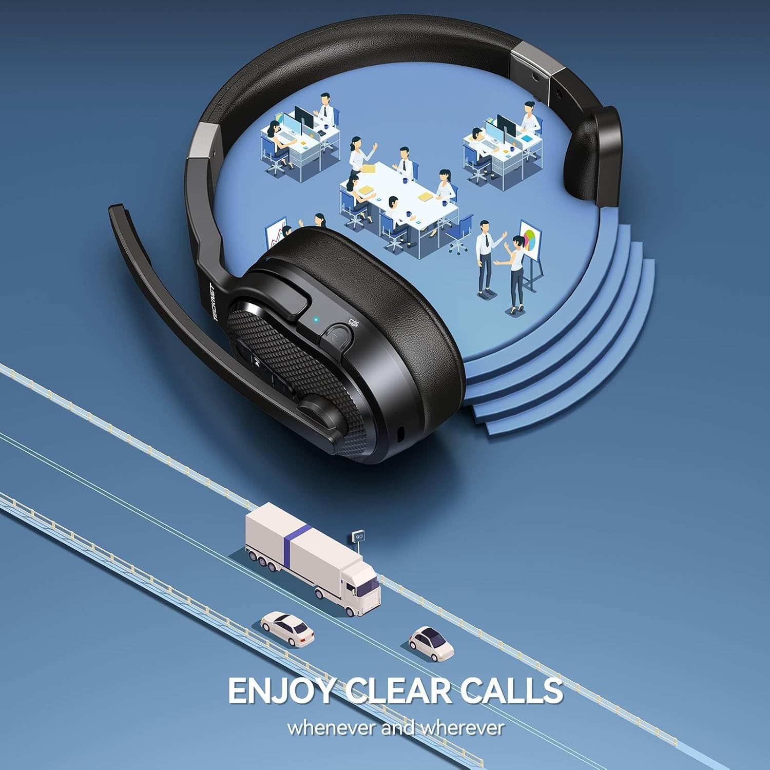 TECKNET Trucker Bluetooth Headset, AI Noise Canceling Single Over-ear, Black 