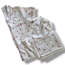Women M Cream Red Cherry Print Pajama Set Short Sleeve Button Down Top and Pants
