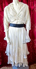 ANTIQUE 1910s Titanic Era Net Lace Tiered Dress Embroidery Original Belt