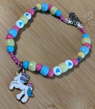 Handmade Elastic Bracelet-6.75 in-2 Unicorn Charms-Plastic Round and Heart Beads