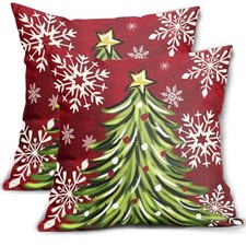 Christmas Pillow Covers 18x18 18" x 18" Pack of 2 Dark Red Green Xmas Tree