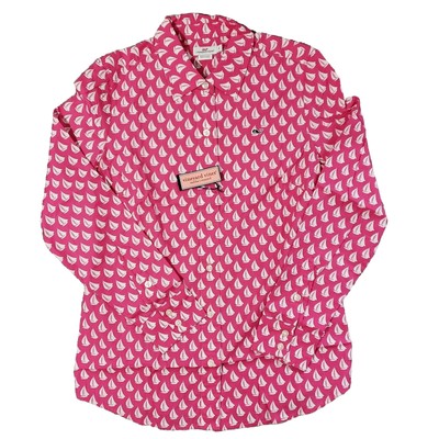 NWT Vineyard Vines Shirt Womens 2 Tiny Boat Print Pink White Whale Long Sleeve