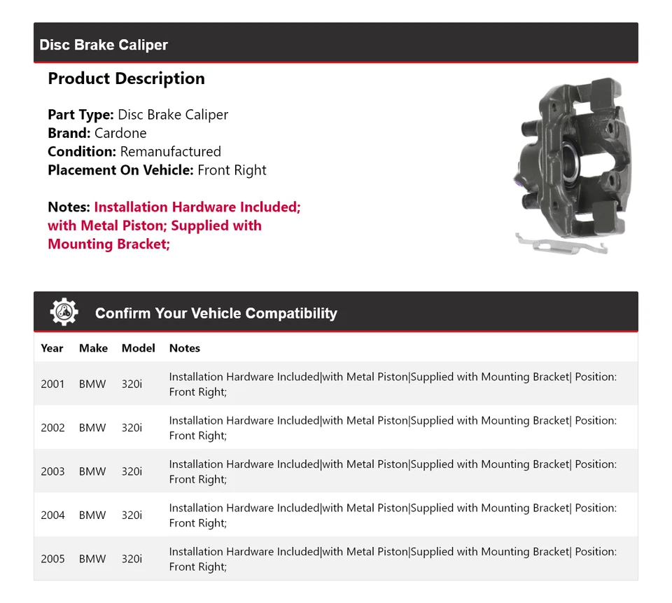 Суппорт переднего правого дискового тормоза Cardone для 2001-2005 BMW 320i 2002 2003 2004 годов выпуска - Изображение 2 из 4