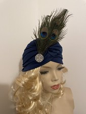 1920s Navy Blue Peacock Feather Turban Gatsby 30s  Cloche Hat Flapper Headpiece