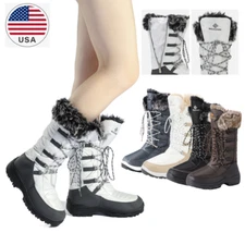 Women Waterproof Winter Snow Boots Faux Fur Lined Side Zipper Mid Calf Boots
