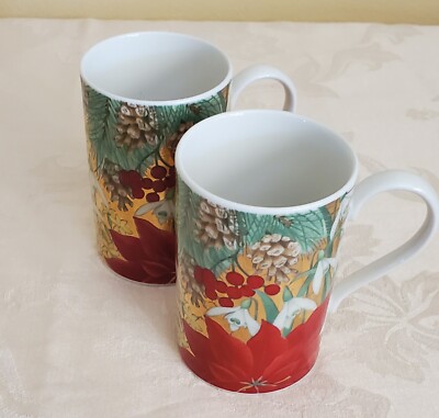Dunoon Set of 2 mugs Made in Scotland floral black By Caroline 