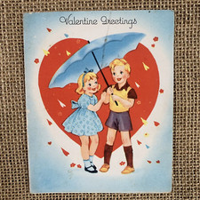 Valentine Greetings Girl Boy Umbrella Heart Carrington Co Valentine Card Vintage