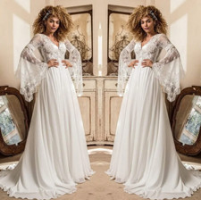 Bohemian Chiffon Wedding Dress Flare Long Sleeves A-Line Beach Bridal Gowns Lace