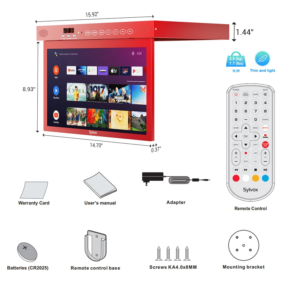 SYLVOX15.6 In Flip Down Smart Google TV ± 180° Rotation for Kitchen Bedroom Red - Image 3 of 4