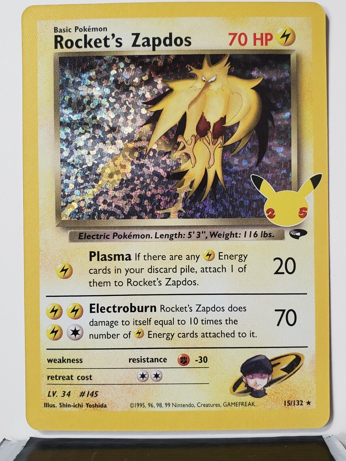 HOLO Rocket's Zapdos 15/132 NM / M Pokemon Celebrations Secret Rare Classic Card