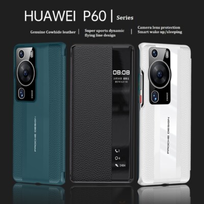 Luxury Smart View Genuine leather Flip Cover Case For Huawei P60 / P60 Pro