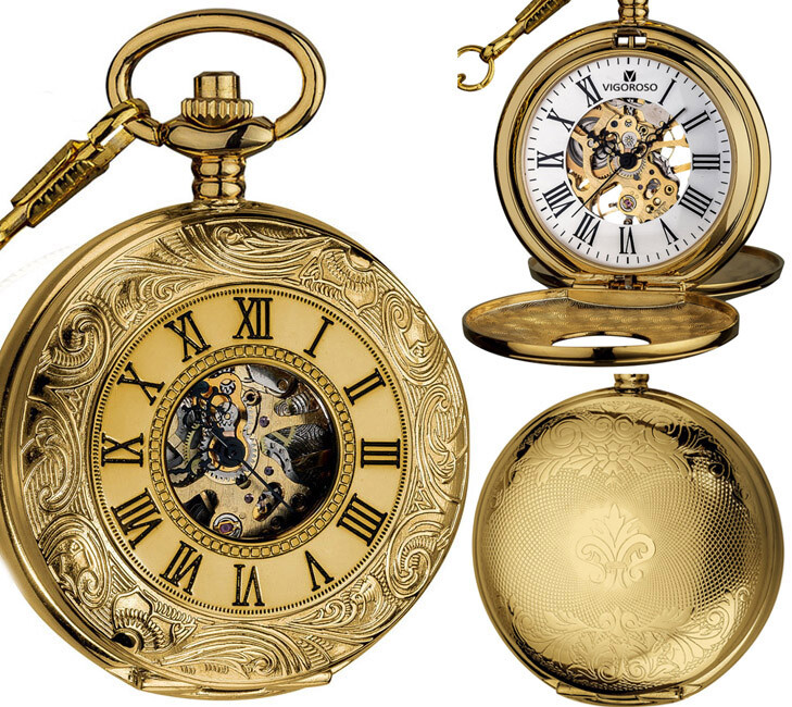 Mens Mechanical Pocket Watch With Chain Double Cover Skeleton Gold