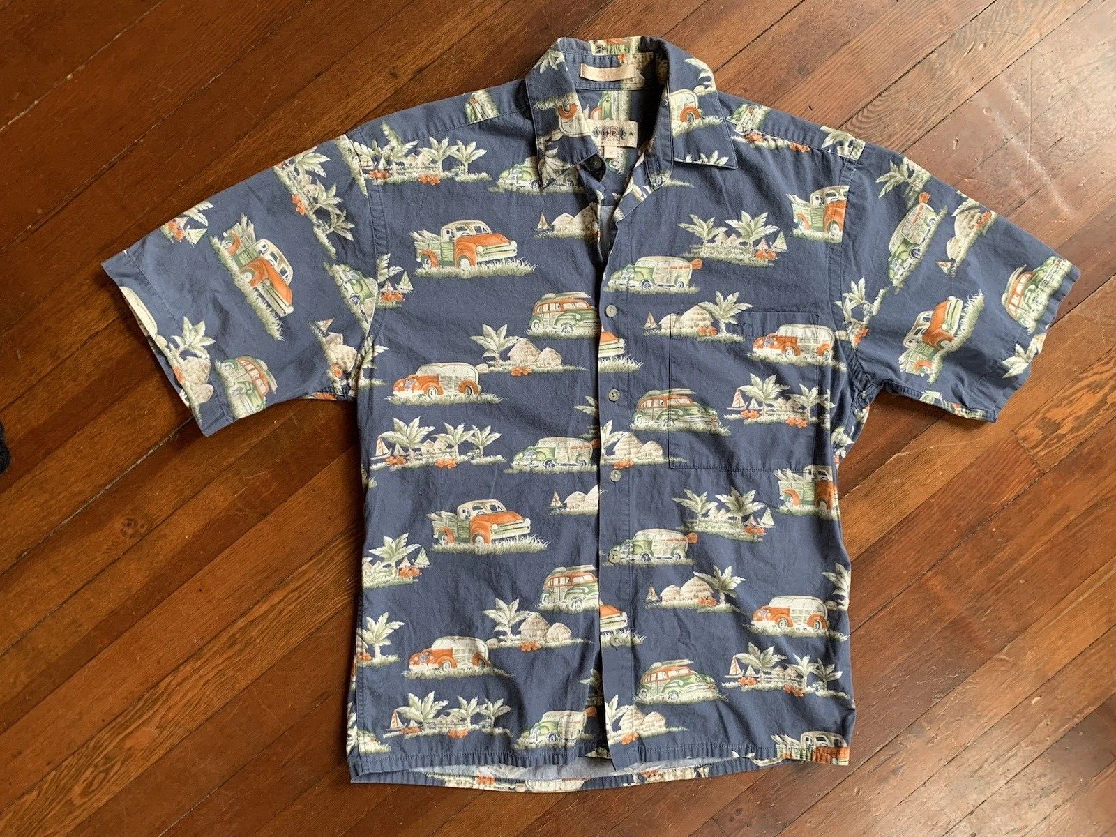 Vintage Campia Moda Tropical Shirt S Blue Truck Beach Resort Vacation Tiki Surf