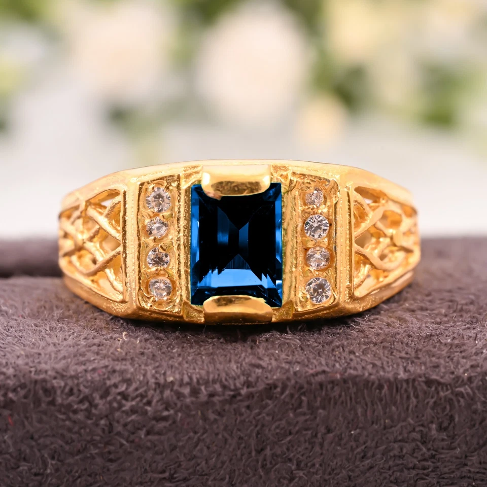 Anel feito à mão AAA natural topázio azul Londres ouro amarelo 14K para presente de casamento. - Imagem 2 de 3