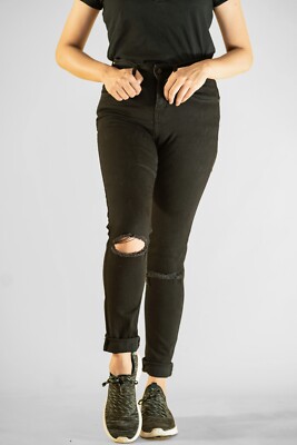 Denimic Jeans Women's High Rise Super Skinny Black Wash Knee Cut Stretch