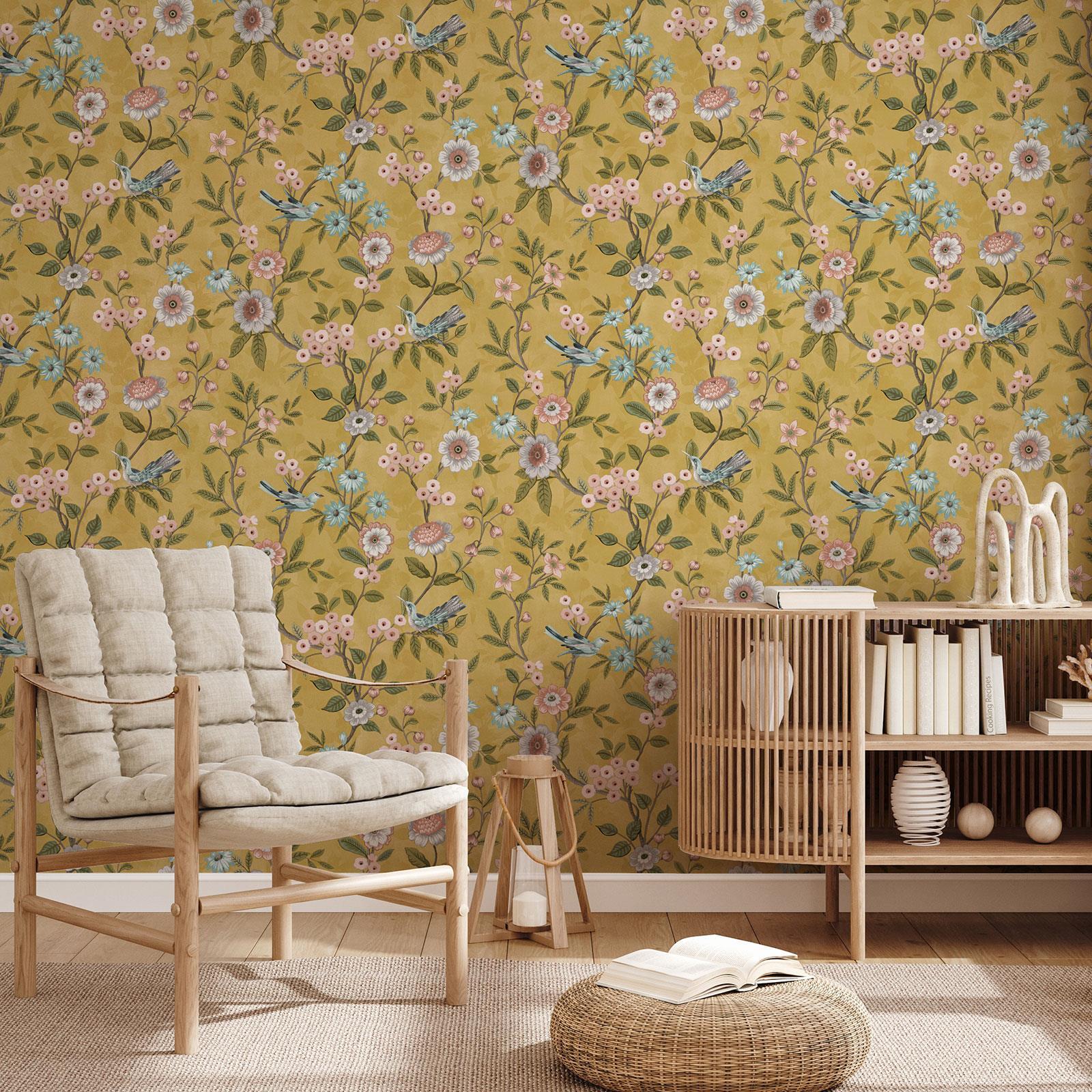 Eleanor Floreale Parati FD43446 Giallo Chinoiserie Uccelli Foglia Sentieri