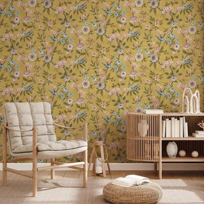 Eleanor Floral Wallpaper FD43446 Yellow Chinoiserie Birds Leaf Trails Fine Decor