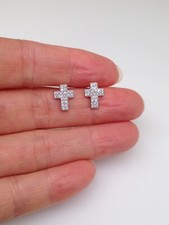925 Sterling Silver Cross Stud Earrings Pave CZ Small Tiny Studs Men Women 9mm