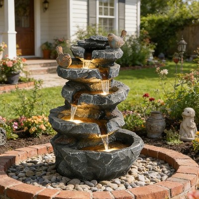 Outdoor 5-Tier Water Fountain Cascading Rock Waterfall Fountain with LED Lights