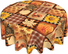Thanksgiving Round Tablecloth- 60" Fall Turkey Pumpkin Sunflowers Maple Leaf Pri