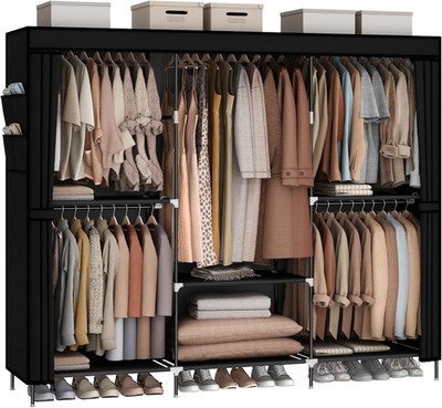 Portable 83'' Closet Wardrobe with Cover, 5 Rods & 6 Shelves - Black