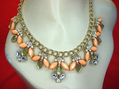 VINTAGE FASHION NECKLACE - GOLD TONE WITH DIFF. COLOR STONES  17 - 20 ''